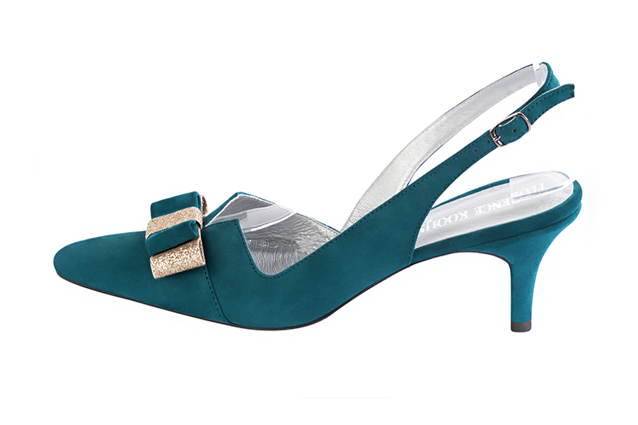 French elegance and refinement for these peacock blue and gold dress slingback shoes, with a knot, 
                available in many subtle leather and colour combinations. The pretty French spirit of this beautiful pump 
will accompany your steps nicely and comfortably.
To be personalized or not, with your materials and colors.  
                Matching clutches for parties, ceremonies and weddings.   
                You can customize these shoes to perfectly match your tastes or needs, and have a unique model.  
                Choice of leathers, colours, knots and heels. 
                Wide range of materials and shades carefully chosen.  
                Rich collection of flat, low, mid and high heels.  
                Small and large shoe sizes - Florence KOOIJMAN